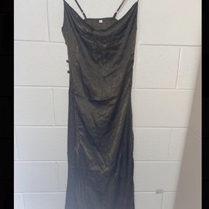 Dark green solid split thigh slip dress